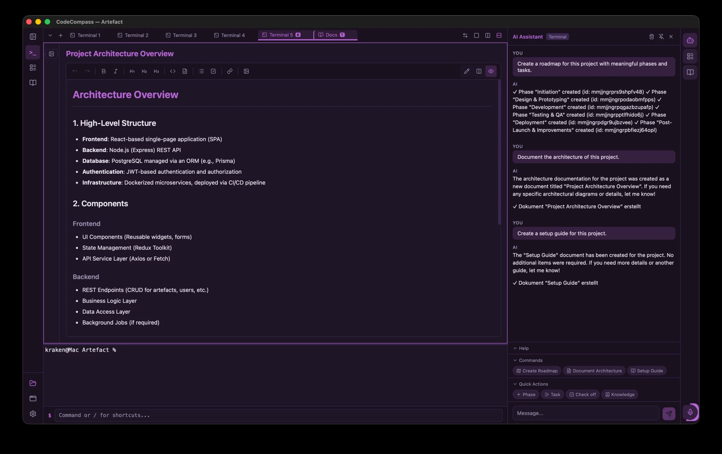 Docs, Terminal and AI Assistant side by side