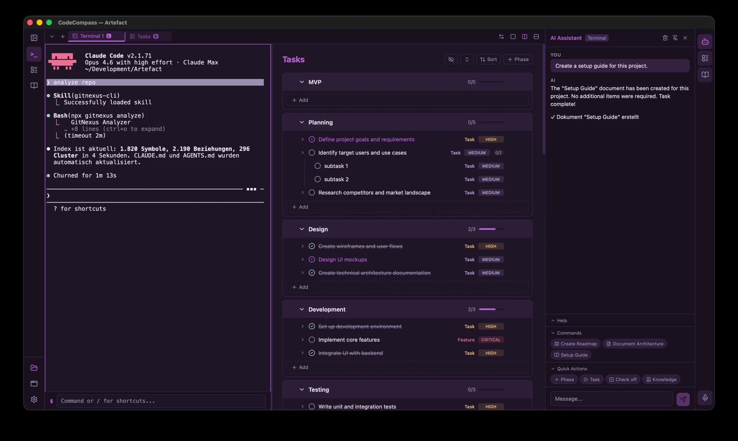 CodeCompass — Terminal, Tasks and AI Assistant in split view